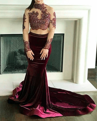 Burgundy Mermaid Velvet Prom Dresses Two Piece