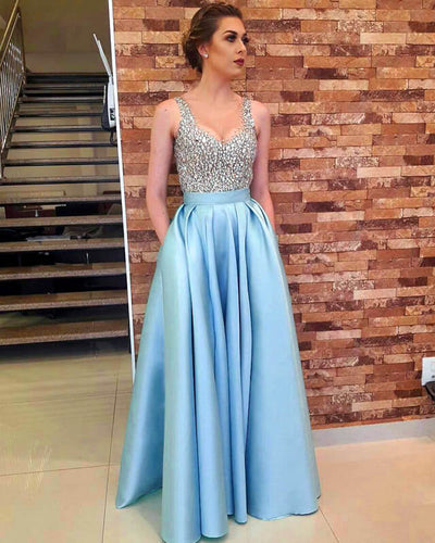 Light Blue Satin Prom Dresses With Pockets