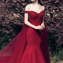 Load image into Gallery viewer, Beading V Neck Off Shoulder Lace Mermaid Evening Dresses Removable Skirt
