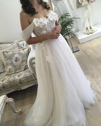 Beautiful Flowers Beaded Off Shoulder Tulle Wedding Dresses-alinanova