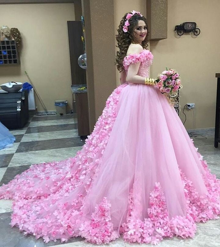 Beautiful Pink Flower Wedding Dresses Ball Gowns Off Shoulder Beautiful Pink Flower Wedding Dresses Ball Gowns Off Shoulder