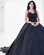Load image into Gallery viewer, Black Lace Embroidery V-neck Satin Ball Gowns Wedding Dresses

