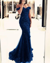 Load image into Gallery viewer, Navy Blue Lace Mermaid Prom Dresses
