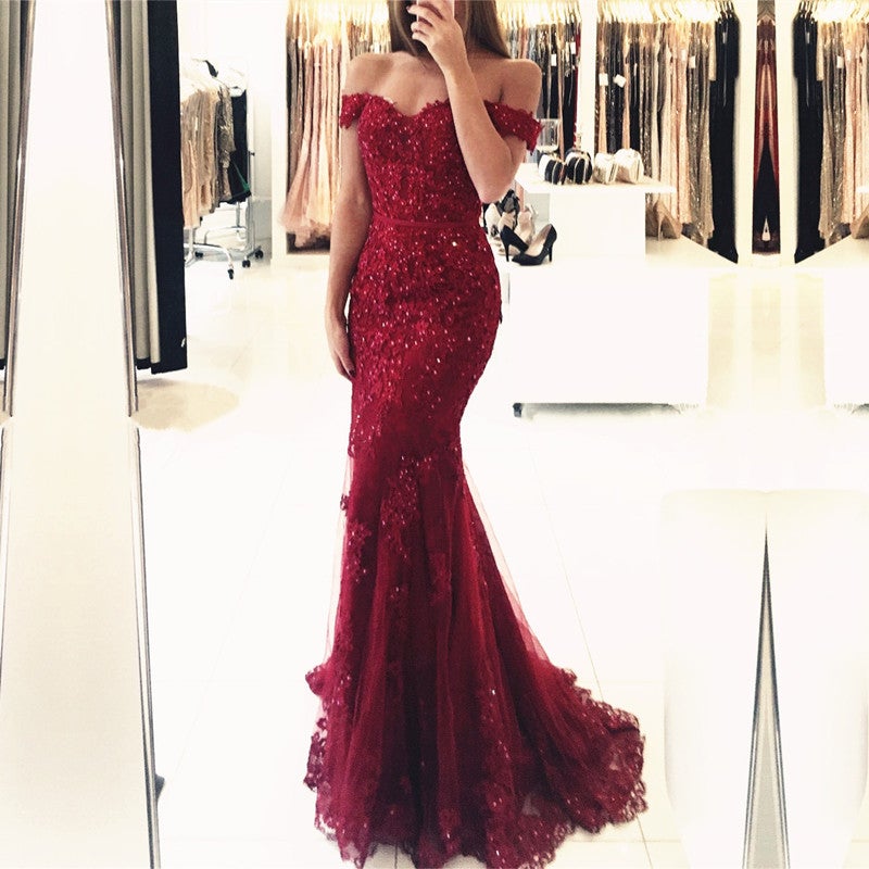 Black Lace Mermaid Prom Dresses Off The Shoulder  alinanova