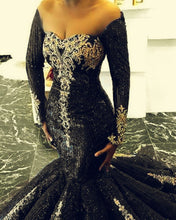 Load image into Gallery viewer, Black Long Sleeve Mermaid Sequin Prom Dresses Gold Lace
