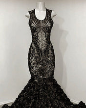 Load image into Gallery viewer, Black Mermaid Sequin Rosette Prom Dresses

