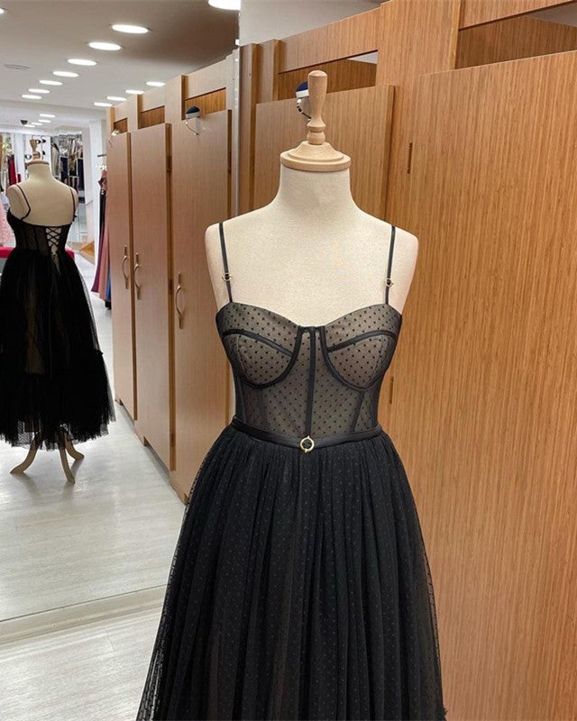 Black Polka Dot Dress Sweetheart Corset Midi Length – alinanova