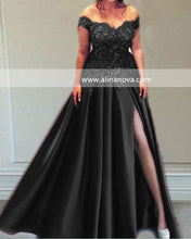 Load image into Gallery viewer, Off The Shoulder Split Satin Prom Dresses With 3D Flowers
