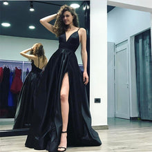 Load image into Gallery viewer, Black Satin V-neck Evening Gowns Long Slit Prom Dresses
