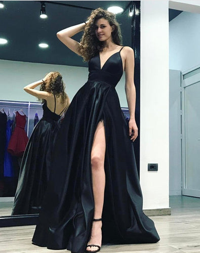 Black Satin V-neck Evening Gowns Long Slit Prom Dresses-alinanova