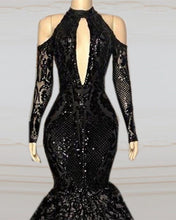 Load image into Gallery viewer, Black Sequin Prom Dresses Cold Sleeves
