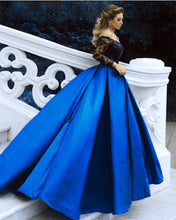 Load image into Gallery viewer, Black Sequins Lace Long Sleeves Satin Ball Gowns Off The Shoulder
