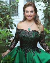 Load image into Gallery viewer, Black Sequins Lace Long Sleeves Satin Ball Gowns Off The Shoulder

