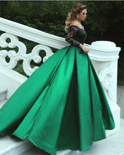 Load image into Gallery viewer, Black Sequins Lace Long Sleeves Satin Ball Gowns Off The Shoulder
