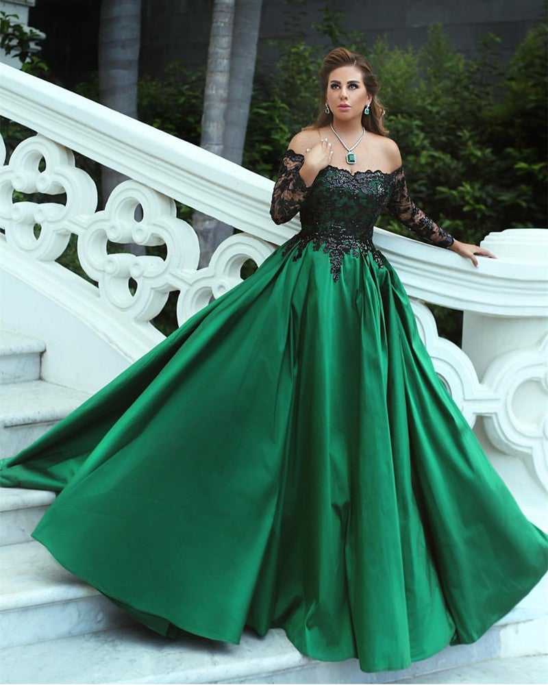Black Sequins Lace Long Sleeves Satin Ball Gowns Off The Shoulder Black Sequins Lace Long Sleeves Satin Ball Gowns Off The Shoulder