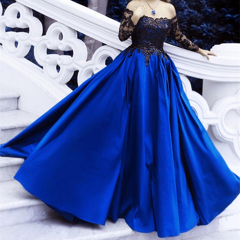 Black Sequins Lace Long Sleeves Satin Ball Gowns Off The Shoulder alinanova Black Sequins Lace Long Sleeves Satin Ball Gowns Off The Shoulder alinanova