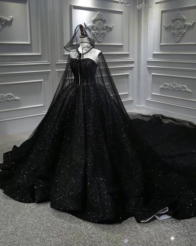 blue dress for baby girl Black Sparkly Wedding Dress Ball Gown with Cape Veil