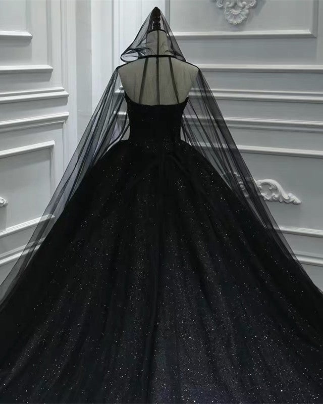Black Sparkly Wedding Dress Ball Gown with Cape Veil
