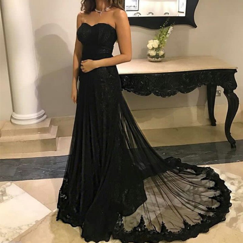 Black Sweetheart Tulle Mermaid Evening Gowns Lace Appliques-alinanova