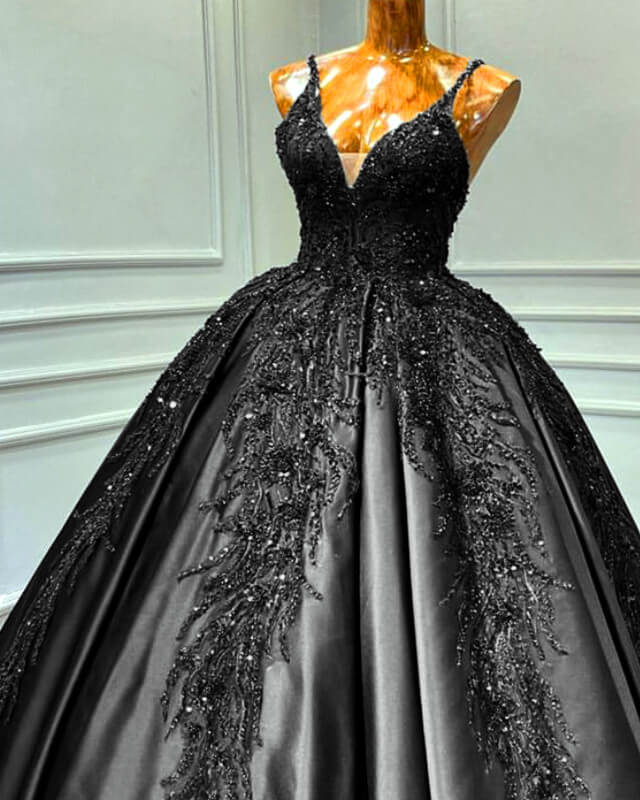 Gorgeous Black Wedding Dress Satin V-neck Ball Gown – alinanova