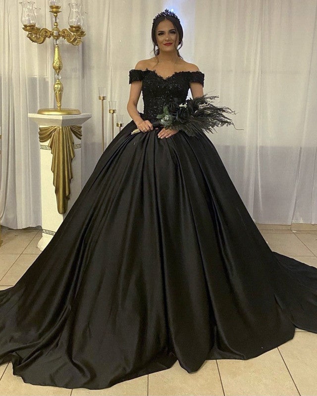 Black Wedding Dresses Satin Ball Gowns Lace Appliques – alinanova