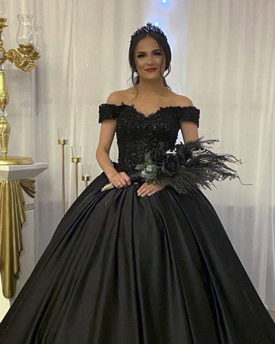 Black Wedding Dress Off Shoulder Satin Ball Gown Lace Appliques-alinanova