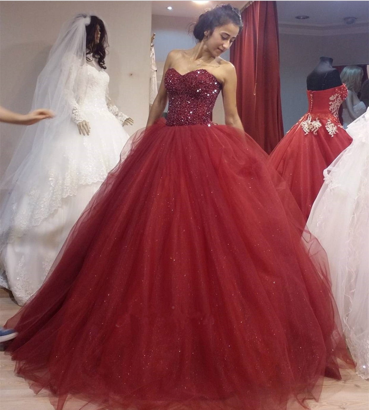 burgundy colored wedding dresses Illusion Neckline Long Sleeve Dress,Burgundy White Bridal Dress,WD00868, US2 / Black green trails Shop Burgundy Wedding Dresses for