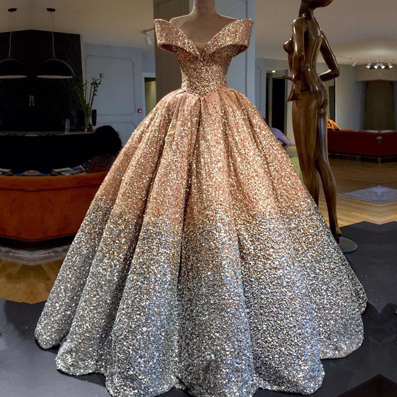 Bling Bling Off The Shoulder Ball Gown Wedding Dress With Sequins And Crystal Beads-alinanova