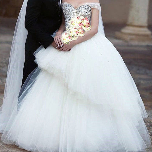 Bling Bling Pearl And Crystal Beaded Wedding Dress Ball Gown Off Shoulder-alinanova