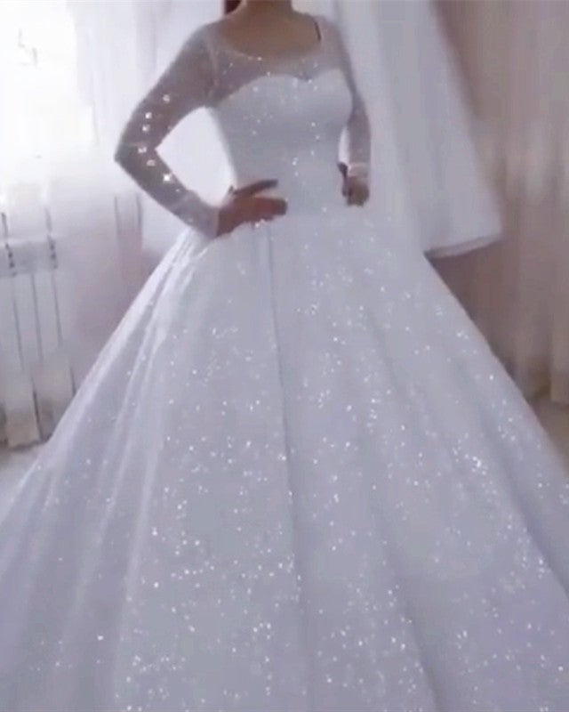chinese dress ladies Shiny Sequined Tulle Long Sleeves See Through Beach Wedding Dresses, CW0302 Custom Size(Leaving A note) / Custom Color(Leaving A note)