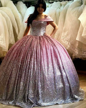 Load image into Gallery viewer, Ombre-Wedding-Dresses-Bling-Bling-Sequin-Ballgowns-Off-Shoulder

