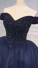 Load image into Gallery viewer, Bling Bodice Corset Navy Blue Ball Gowns Wedding Dresses Off The Shoulder
