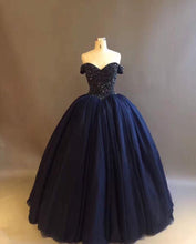 Load image into Gallery viewer, Bling Bodice Corset Navy Blue Ball Gowns Wedding Dresses Off The Shoulder-alinanova
