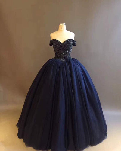 Bling Bodice Corset Navy Blue Ball Gowns Wedding Dresses Off The Shoulder-alinanova