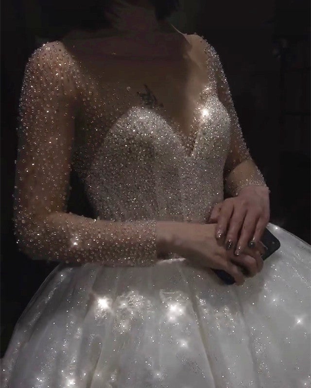 Bling Long Sleeves Ball Gown Wedding Dresses Beaded Corset