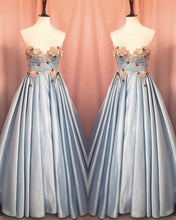 Load image into Gallery viewer, Blue Corset Long Satin Dresses With 3D Flowers
