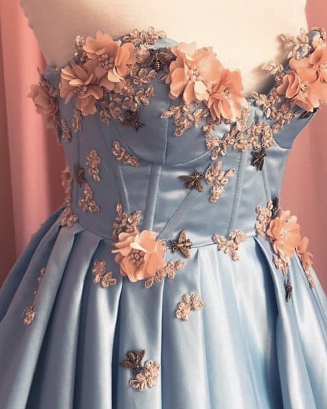 Blue Corset Long Satin Dresses With 3D Flowers Blue Corset Long Satin Dresses With 3D Flowers