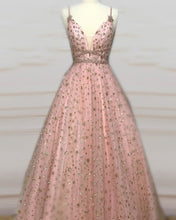 Load image into Gallery viewer, Blush Pink Ball Gown V-Neck Prom Dresses With Gold Stars
