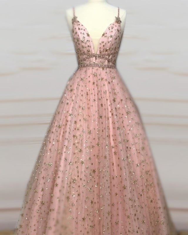 blush pink formal dresses Blush Pink Ball Gown V-Neck Prom Dresses With Gold Stars