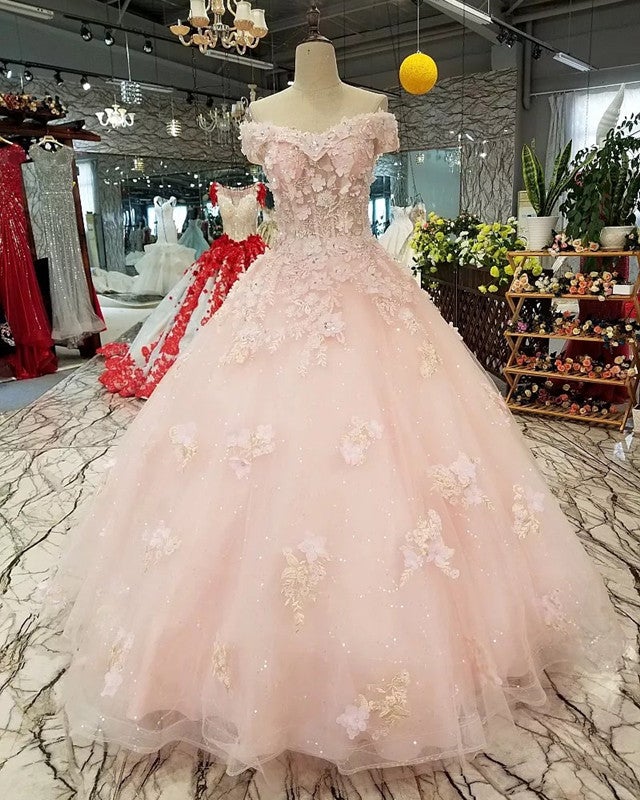 Blush-Pink-Wedding-Dresses-Ball-Gown-Flower-Dress-Off-The-Shoulder