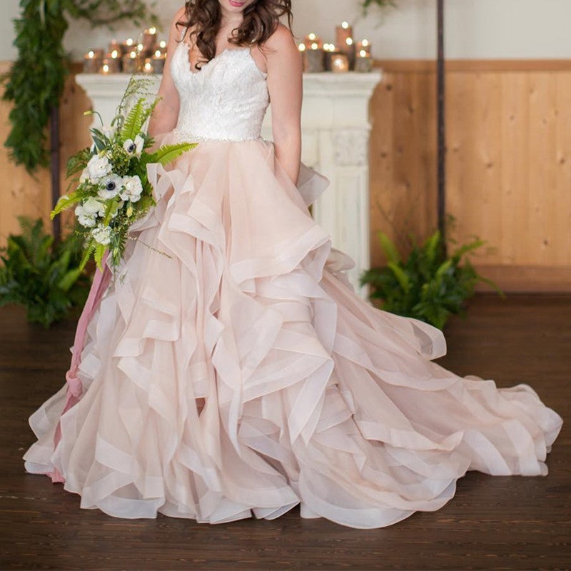Blush Pink Organza Ruffles Ball Gowns Wedding Dresses With White Lace alinanova Blush Pink Organza Ruffles Ball Gowns Wedding Dresses With White Lace alinanova