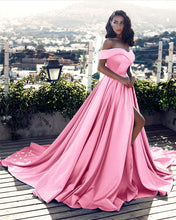 Load image into Gallery viewer, Blush Pink Prom Dresses Long Satin Front Slit Evening Gowns
