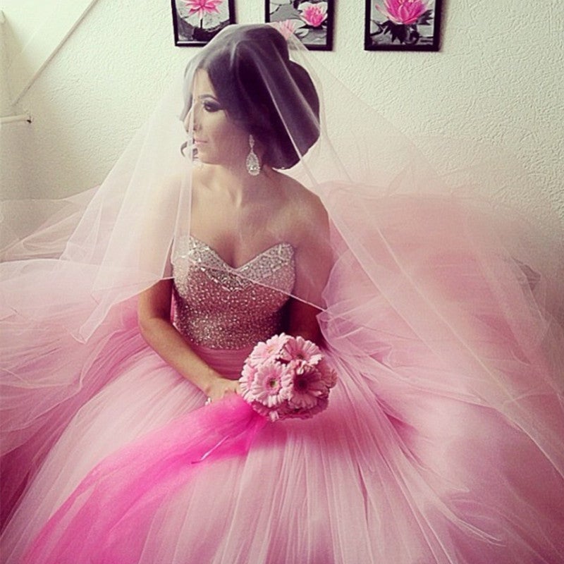 Blush Pink Tulle Ball Gowns Quinceanera Dresses Sequin Beaded Sweetheart-alinanova