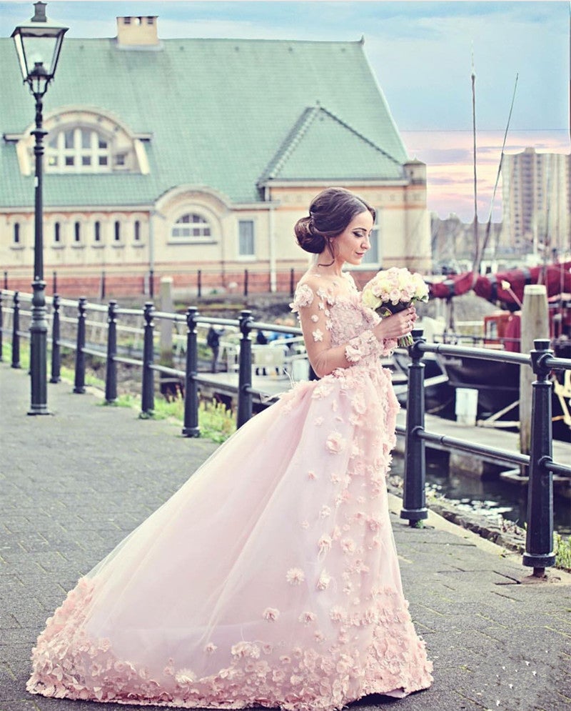 Blush Pink Tulle Long Sleeves Evening Gowns With Floral Flowers