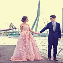 Load image into Gallery viewer, Blush Pink Tulle Long Sleeves Evening Gowns With Floral Flowers

