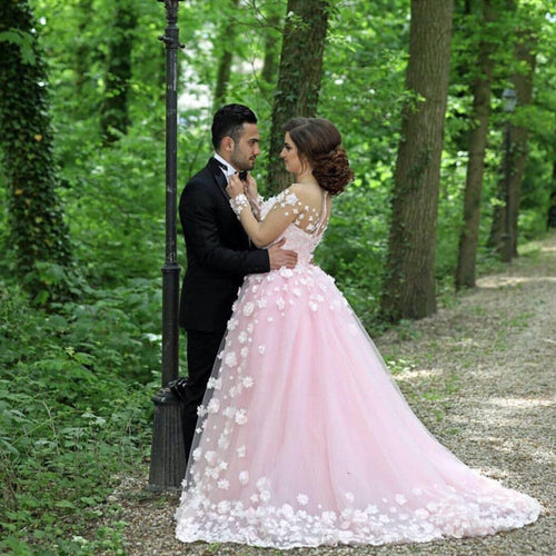 Blush Pink Tulle Long Sleeves Evening Gowns With Floral Flowers-alinanova