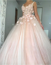 Load image into Gallery viewer, Blush Pink Tulle V Neck Ball Gown Flower Wedding Dresses
