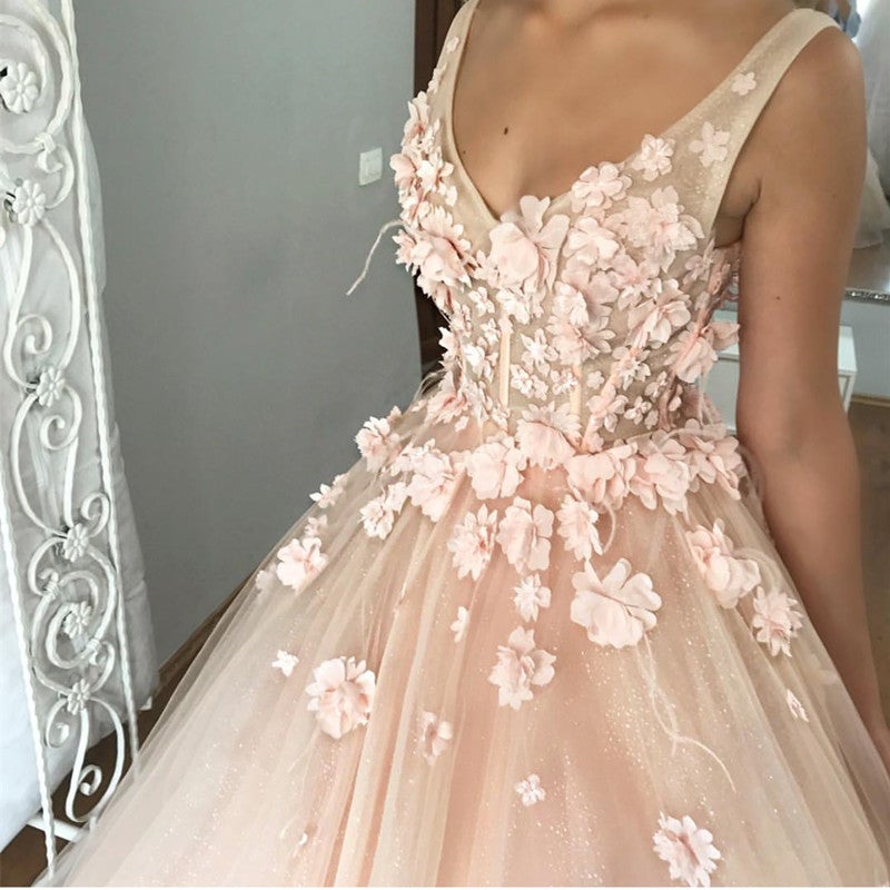 Blush Pink Tulle V Neck Ball Gown Flower Wedding Dresses-alinanova