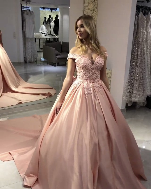 Blush Pink Wedding Dresses Ball Gowns Lace Off Shoulder-alinanova