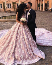 Load image into Gallery viewer, Blush Pink Wedding Dresses Sweetheart Ball Gowns With Lace Flower Embroidery
